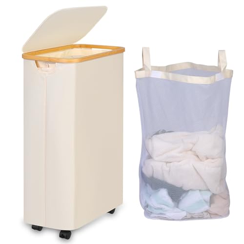 iEGrow Laundry Hamper with Lid,75L Hamper with Wheels & Removable Bag,Slim Laundry Basket on Wheels with Bamboo Frame,Foldable Rolling Clothes Hamper for Bedroom Dorm,Beige - color: Beige, size: 75L