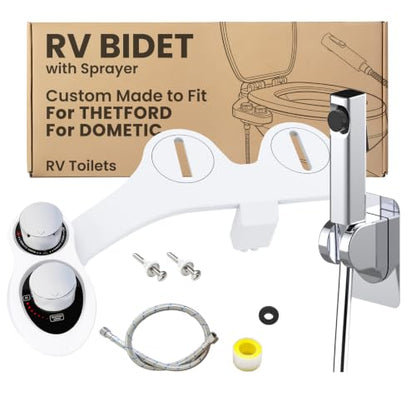2-in-1 RV Bidet Attachment and Handheld Sprayer Combo for Camper Toilet, Non-Electric Dual Nozzle Toilet Bidet with Metal Spray Wand, Adjustable Pressure - color: Chrome Knob