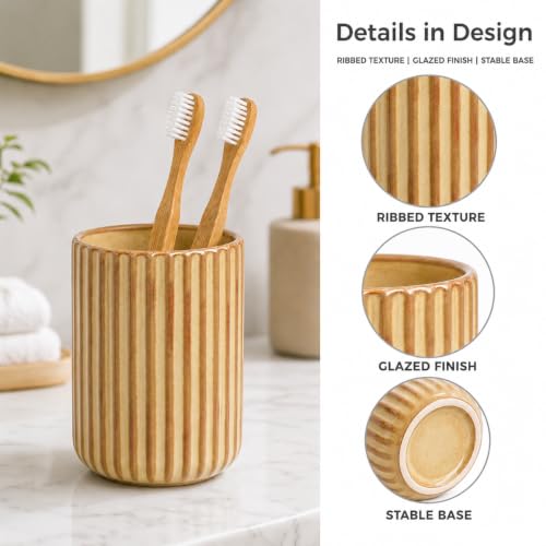 Beige Ceramic Toothbrush Holder Cup | Striped Modern Farmhouse Bathroom Organizer Toothpaste Cup & Makeup Brush Tumbler - color: Beige