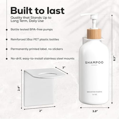 White Shampoo and Conditioner Dispenser Set Wall Mounted by Brighter Barns - Shower Dispenser 3 Chamber No Drill - Refillable Shampoo and Conditioner Bottles for Shower Wall in Airbnb, Hotel (White) - color: Boho (White)