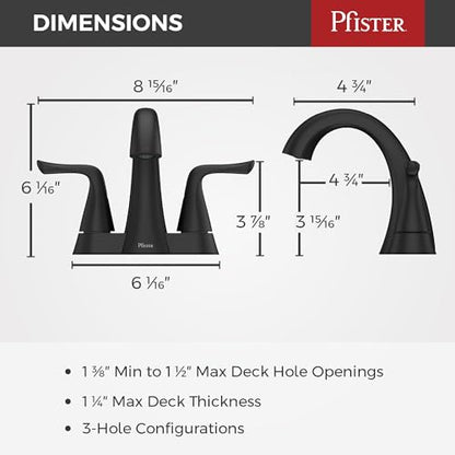 Pfister Willa Matte Black 3-Hole Centerset Bathroom Faucet LF048MALSDB | 2-handle design, Push & Seal drain included, TiteSeal no-putty mount, Spot Defense finish, NSF lead-free - color: Spot Defense Matte Black, size: 1 Pack