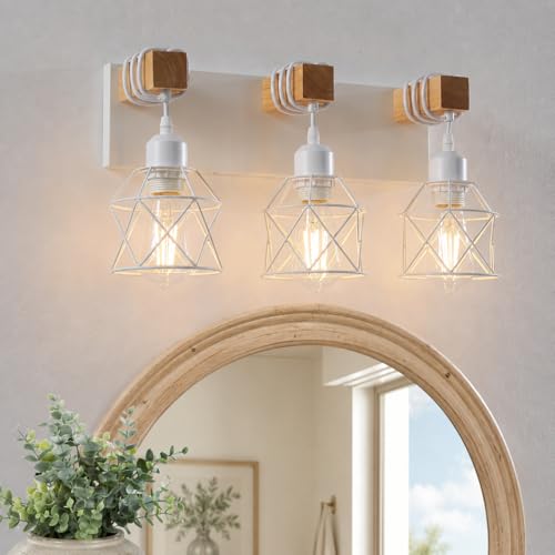 Farmhouse Vanity Light Fixture,3-Light Bathroom Lighting,White Modern Wood Wall Light Over Mirror with Metal Shade,Bulbs NOT Included - color: White, size: 3-Light-Wide 18"