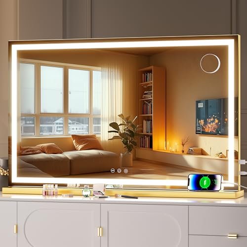 Hasipu Vanity Mirror with Lights, 32" x 20" LED Makeup Mirror, Lighted Makeup Mirror with Dimmable 3 Modes, Touch Screen Control Vanity Mirror Square Gold - color: Gold, size: 32"L x 20"W