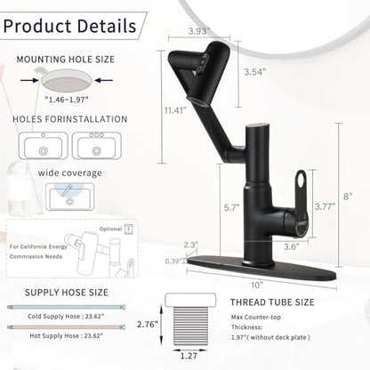 CHOMELY Single Hole Rotatable Bathroom Faucet with Temperature Display in Fahrenheit (Batteries-Free) 3 Water Modes 360 Degree Rotating Sink Faucet, Matte Black - color: Black