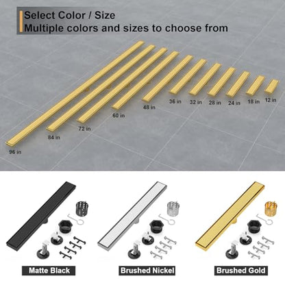 Linear Shower Drain - 18 Inch Brushed Gold, with Tile Insert Panels | AISI 304 Stainless Steel Shower Drain with Adjustable Feet, Hair Catcher, Rectangle Shower Floor Drain Fits Bathroom, Balcony - color: Brushed Gold, size: 18 Inch