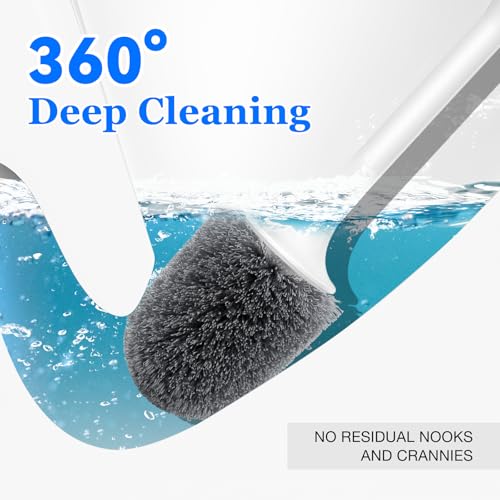 Toilet Brush, 2 Pack Toilet Bowl Brush and Holder Set Ergonomic Long Handle Toilet Scrubber with Ventilated Base for Quick Drying, for Bathroom Cleaning, White & Gray