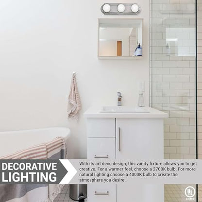 Diodesy- 3-Light Vanity Strip Light 18-Inch Art Deco Linear Brushed Nickel Fixture Dimmable 3 Medium Base Sockets (Bulbs Not Included) Modern Wall Mounted Lighting Over Mirror for Bathroom Bedroom