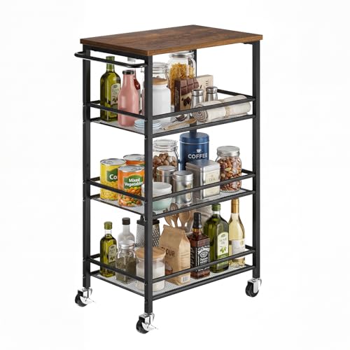 Pipishell Slim Storage Cart with Wheels, 4 Tier Rolling Bathroom Storage Cart with Handle and Wood Top, Metal Slim Kitchen Cart for Laundry Room, Bathroom, Kitchen, Narrow Space, Black & Rustic Brown - size: 10.8 in