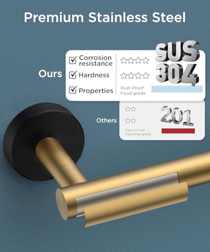 FORIOUS Commercial Toilet Paper Holder Wall Mount Bathroom Tissue Holder | Gold & Black | SUS304 Stainless Steel Rustproof | Double Post Pivoting Toilet Paper Roll Holder | Screw-In | Round Base - color: Brushed Gold & Matte Black