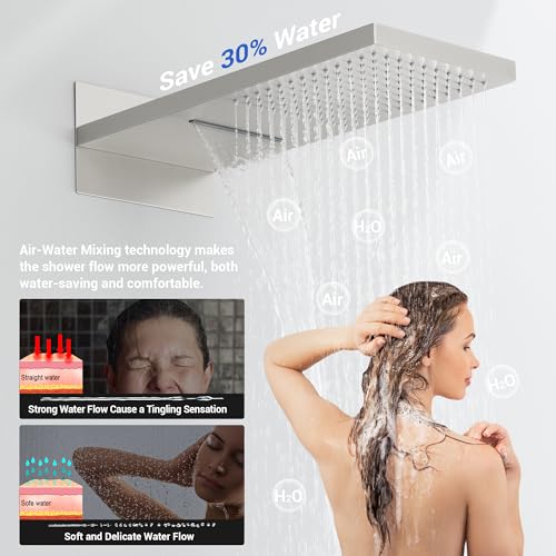 Thermostatic Shower System, Waterfall Shower Head(Brushed Nickel) | 22-Inch Rain & Waterfall Large Shower Head, High Pressure Handheld Sprayer, 3 Modes Push Button Valve - color: Brushed Nickel