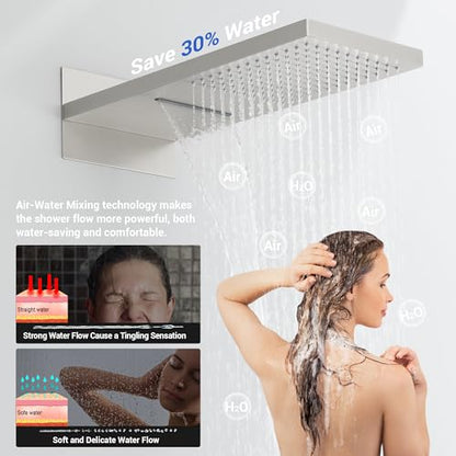 Thermostatic Shower System, Waterfall Shower Head(Brushed Nickel) | 22-Inch Rain & Waterfall Large Shower Head, High Pressure Handheld Sprayer, 3 Modes Push Button Valve - color: Brushed Nickel