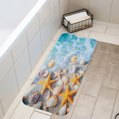 LNOND Summer Beach Bathtub Mat Non Slip, 40 X 16 Inch Tub Mat for Bathroom, Sea Beach Starfish Shell Bath Tub Shower Mat with Drain Holes and Suction Cups - color: Sea Starfish Shell Bathtub Mat