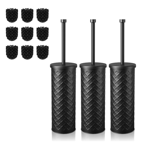 Toilet Bowl Brush and Holder Set 3 Pack with 6 Extra Brush Heads (Black) | Extra Long Handle with Splash Guard Cover, Tool-Free Installation, Bathroom Space-Saving, Cleaner Sets for Apartments, RV - color: Black