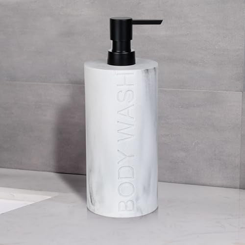 Resin White Marbled Body Wash Engraved Bottle Refillable Pump Dispenser, Durable Waterproof Construction for Bath, Shower - Resin White Marble - Matte Black Pump - color: Body Wash White Marbled