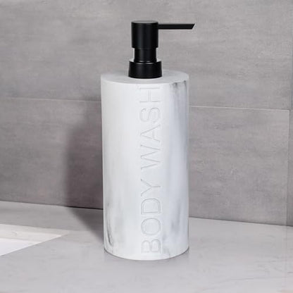 Resin White Marbled Body Wash Engraved Bottle Refillable Pump Dispenser, Durable Waterproof Construction for Bath, Shower - Resin White Marble - Matte Black Pump - color: Body Wash White Marbled