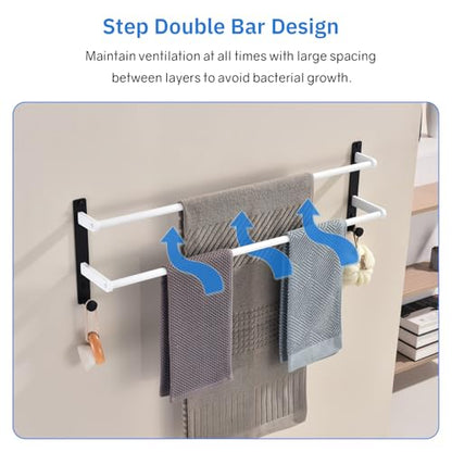 Double Towel Bar with Hooks for Bathroom Wall - 30" Double Layer Stainless Steel Towel Holder Rack, Heavy Duty Long Towel Hanger, White & Black - color: Black & White, size: 30-Inch