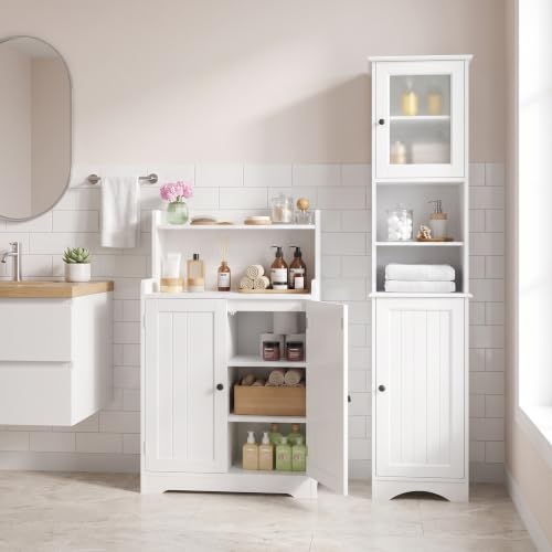 Gizoon White Bathroom Storage Cabinet Combo | Freestanding Tall Linen Tower + Floor Bathroom Cabinet with Adjustable Shelves, Multipurpose Organizer for Laundry, Kitchen