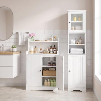 Gizoon White Bathroom Storage Cabinet Combo | Freestanding Tall Linen Tower + Floor Bathroom Cabinet with Adjustable Shelves, Multipurpose Organizer for Laundry, Kitchen