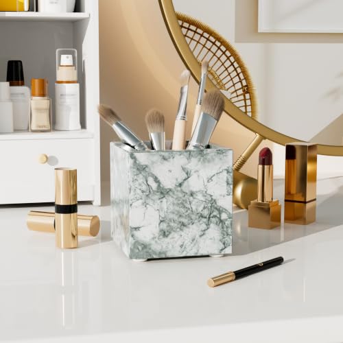 Rectangular Toothbrush Holder,Pencil Cup,3.9x3.9x3.9in,Cyan Green | Marble Pen Holders with Natural Patterns,Makeup Brush Organizer with Anti Slip Foot Pads,Stone Utensil Container for Office - color: Cyan Green Texture