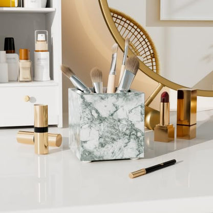 Rectangular Toothbrush Holder,Pencil Cup,3.9x3.9x3.9in,Cyan Green | Marble Pen Holders with Natural Patterns,Makeup Brush Organizer with Anti Slip Foot Pads,Stone Utensil Container for Office - color: Cyan Green Texture