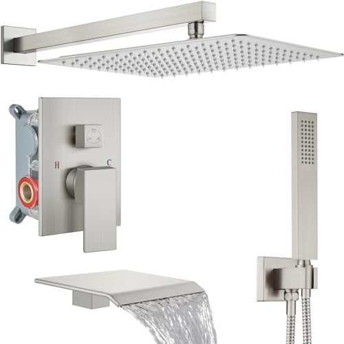 Midanya Shower System with Tub Spout,Bathtub Shower Faucet Set with Square Rainfall Head and Handheld Sprayer Wall Mount Tub Faucet Set with Valve and Trim Kit,16 Inch Brushed Nickel - color: Brushed Nickel, size: 16 Inch