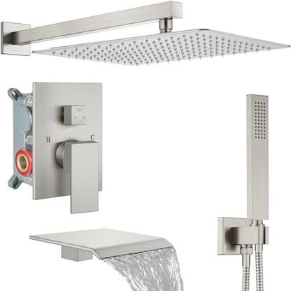 Midanya Shower System with Tub Spout,Bathtub Shower Faucet Set with Square Rainfall Head and Handheld Sprayer Wall Mount Tub Faucet Set with Valve and Trim Kit,16 Inch Brushed Nickel - color: Brushed Nickel, size: 16 Inch
