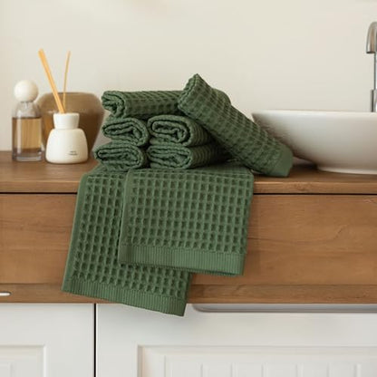 Waffle Washcloths Set of 8 Green - Premium Quality 100% Turkish Cotton Face Washcloth, Soft Makeup Towel, Shower Cloth, Kitchen Towel (Dark Green, Set of 8 Washcloths) - color: Dark Green, size: Set of 8 Washcloths