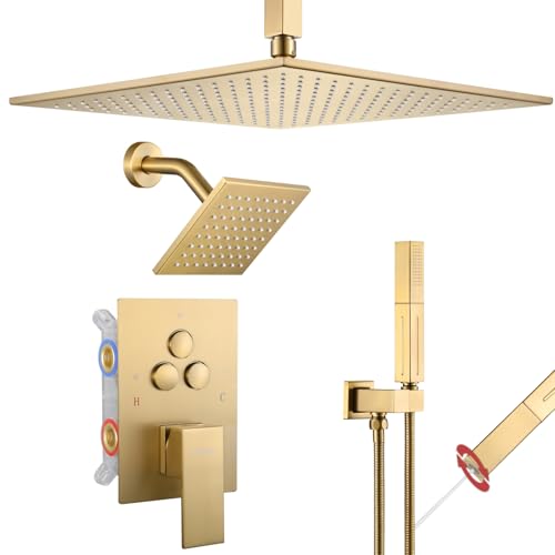 VANFOXLE Shower System, Brushed Gold Shower Faucet Set, Push Button Valve | 16 Inch Ceiling Mount Rain Head, 6 Inch Wall Mount Head, 2-in-1 Handheld Sprayer, Solid Brass Valve, Rust Resistant - color: Brushed Gold, style: 16"+6" Head