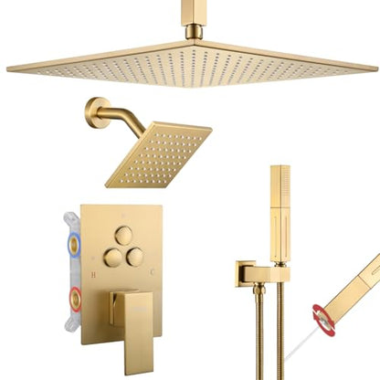 VANFOXLE Shower System, Brushed Gold Shower Faucet Set, Push Button Valve | 16 Inch Ceiling Mount Rain Head, 6 Inch Wall Mount Head, 2-in-1 Handheld Sprayer, Solid Brass Valve, Rust Resistant - color: Brushed Gold, style: 16"+6" Head