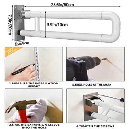 Flip-Up Safety Handrails Anti-Slip Stainless Steel Folding Bathroom Grab Bar 24Inch Bathtub Handle Toilet Support Assist for Elderly Disabled Pregnant Woman,White - color: White