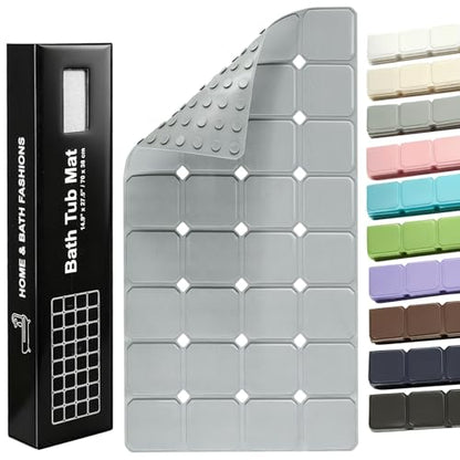 Non-Slip Silicone Bathtub Mat, Foldable Bath Tub Mat, 14.9 x 27.5, Grey | Bathroom shower mat with suction cups, Machine Washable, Durable & Eco-Friendly, Large Drain Holes, Ideal for Family Use - color: Grey
