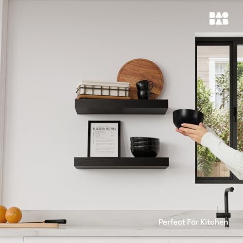 Solid Wood Floating Shelves For Wall 16 inch Black, Bathroom Wooden Shelf | Real Wood, Wall Mounted, Thick, Bedroom Kitchen Living Room, Black Finish, 16W x 6.7D Inch, Set of 2 - color: Black, size: 16 Inch