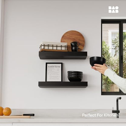Solid Wood Floating Shelves For Wall 16 inch Black, Bathroom Wooden Shelf | Real Wood, Wall Mounted, Thick, Bedroom Kitchen Living Room, Black Finish, 16W x 6.7D Inch, Set of 2 - color: Black, size: 16 Inch