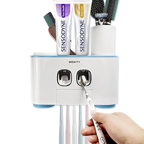 Toothbrush Holder Wall Mounted, WEKITY Multi-Functional Toothbrush and Toothpaste Dispenser for Bathroom, with 5 Toothbrush Slots, 2 Toothpaste Squeezers and 4 Cups(Blue) - color: Blue