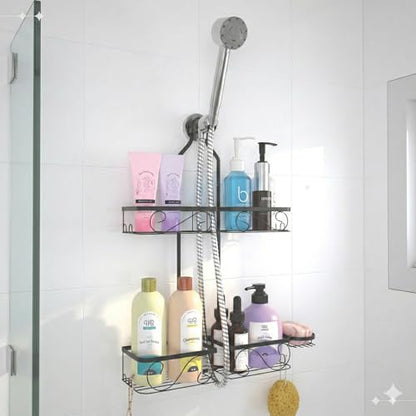 Adjustable Shower Caddy Hanging Rustproof Shower Caddy for Handheld Showerheads, Shower Organizer with Hooks Soap Holder Toothbrush Holder, Anti-Swing Shower Rack Bathroom Accessories, Black (Black)