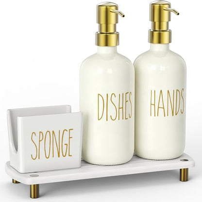 Cisily Kitchen Soap Dispenser Set Comes with Ceramics Sponge Holder, Gold Pumps, and Instant Dry Tray, Hand and Dish Soap Dispenser Set (4, Gold + Off White + Sponge Holder) - color: Gold + Off White + Sponge Holder