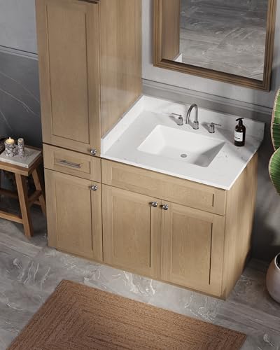 45" Bathroom Vanity with Linen Storage Tower, Carrara Quartz Top and Ceramic Sink, Left or Right Side Option, Solid Wood Frame, 46" x 22" x 72" (Natural Oak, Left Tall Cabinet) - color: Natural Oak