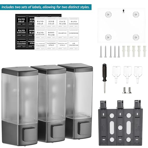 Shower Shampoo Dispenser 3 Chamber No Drill, Grey | Wall Mounted, Large Capacity 3×16.9oz, ABS Plastic Material, Refillable With Labels, For Bathroom Hotel - color: Dm35-grey