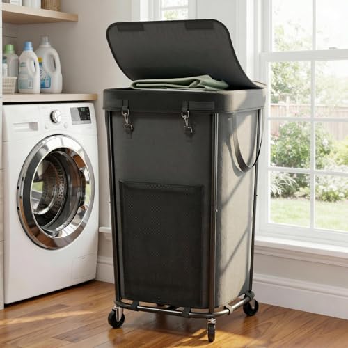 Laundry Basket with Lid and Wheels Rolling Laundry Basket, Removable Laundry Bag Design for Daily Use in Bathrooms and Laundry Rooms (Cover Black, 160L) - color: Cover Black