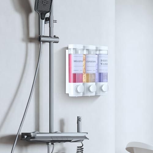 Shower Soap Dispenser Wall Mounted No Drill Shampoo Dispenser for Shower Wall Shampoo and Conditioner Dispenser Bathroom Hotel 3 * 300ml White with Labels - color: White
