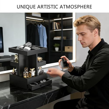 Rotating Cologne Organizer for Men, 3 Tier Wooden Stand with Drawer | 360 Spinning Perfume Holder, Large Capacity Modern Men's Vanity Tray & Dresser Organizer, Sleek Matte Black Wood Construction