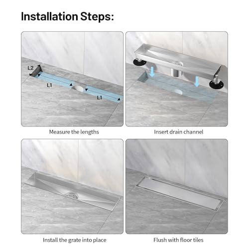 Linear Shower Drain, 304 Stainless Steel with Adjustable Leveling Feet, Hair Strainer,Reversely Install Place to Create an Invisible Floor Drain - Silver -12-Inch - color: Silver, size: 12inch