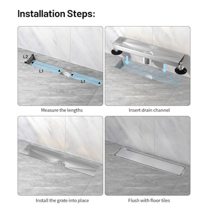 Linear Shower Drain, 304 Stainless Steel with Adjustable Leveling Feet, Hair Strainer,Reversely Install Place to Create an Invisible Floor Drain - Silver -32-Inch - color: Silver, size: 32inch