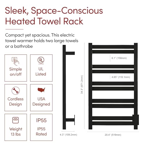 WarmlyYours Grande Heated Towel Rack, 10 Bars, Matte Black | Wall-mounted electric towel warmer rack and dryer, 120V hardwired, flat heated bars for towels and bathrobes - color: Matte Black, size: 10 Bars