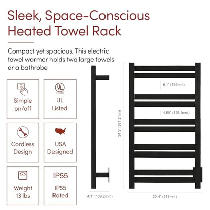 WarmlyYours Grande Heated Towel Rack, 10 Bars, Matte Black | Wall-mounted electric towel warmer rack and dryer, 120V hardwired, flat heated bars for towels and bathrobes - color: Matte Black, size: 10 Bars