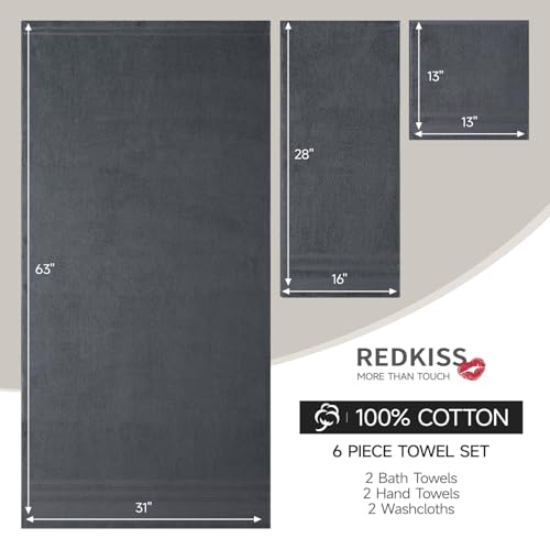 REDKISS 6 Piece Towel Set for Bathroom, 100% Cotton Hotel Collection, Soft Absorbent Quick-Dry, 700 GSM, Gray - color: Gray