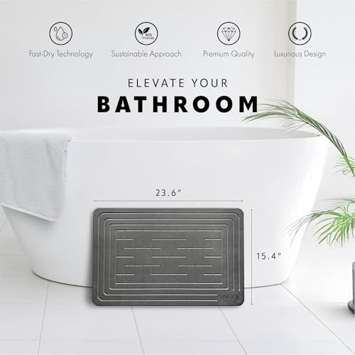 Diatomaceous Earth Stone Bath Mat - Ash Tile | Modern Fast Dry Bathroom Floor Shower Mat, Quick Drying Premium Diatomite Spa Stone Gift, Non-Slip Base, 23.6" x 15.4" - color: Ash Tile