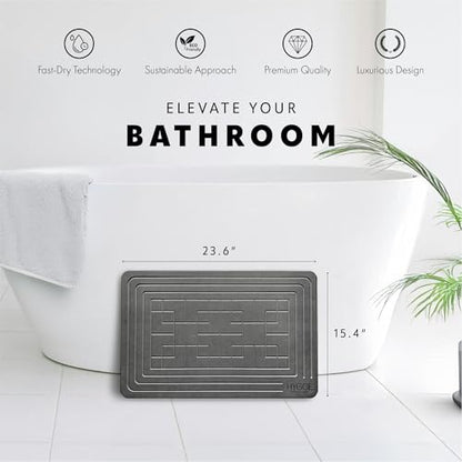 Diatomaceous Earth Stone Bath Mat - Ash Tile | Modern Fast Dry Bathroom Floor Shower Mat, Quick Drying Premium Diatomite Spa Stone Gift, Non-Slip Base, 23.6" x 15.4" - color: Ash Tile