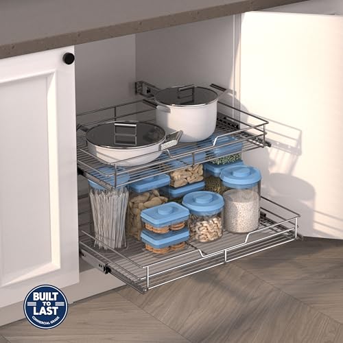 2-Tier Pull Out Cabinet Organizer, 23" W x 22" D, Chrome | Heavy-Gauge Wire Slide Out Shelves, 100 lbs Capacity, Ball-Bearing Glides, Min 24" Opening, For Heavy Appliances - size: 23 x 22 Inch