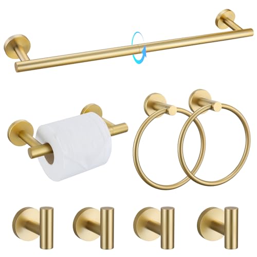 TQKAG 8-Pieces Bathroom Hardware Set Brushed Gold SUS304 Stainless Steel Bath Towel Bar Set 23.6 Inch Round Bathroom Accessories Kit Wall Mounted - color: Brushed Gold, size: 8-Pieces Set